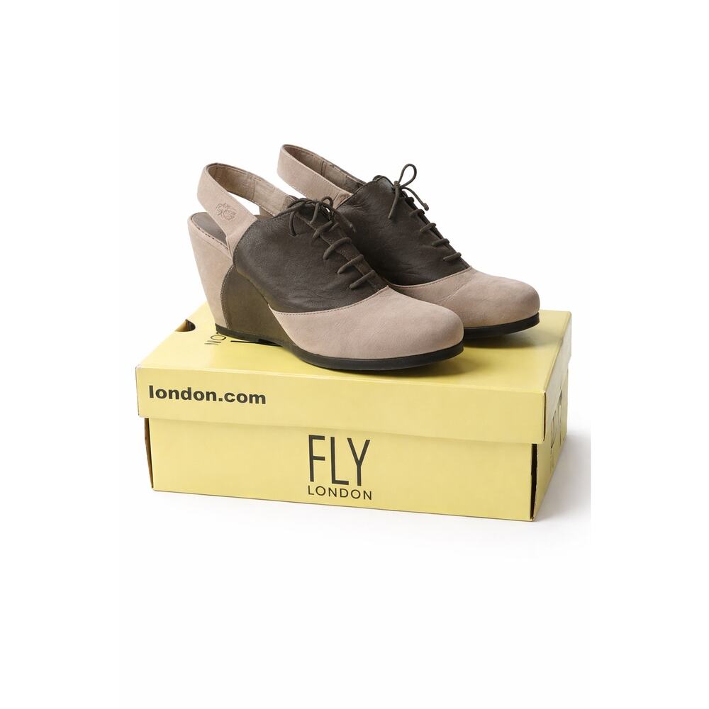 FLY London Bonz Wedge Slingback Shoes Light Grey Khaki Size 39 NWT